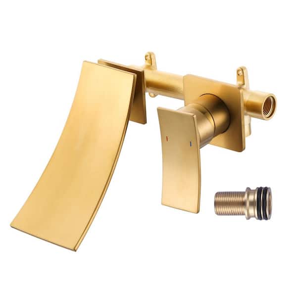 IVIGA 2-Hole Wall Mount 4 in. Centerset Single Handle Water Fall Bathroom Faucet with Brass Value in Gold