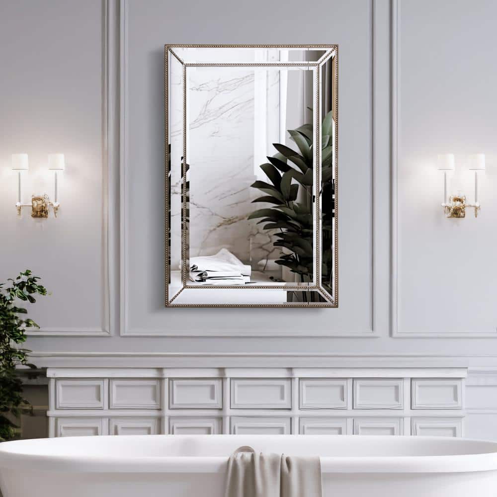 Champagne Silver Beaded Rectangular Vanity Mirror - 24"x 36"