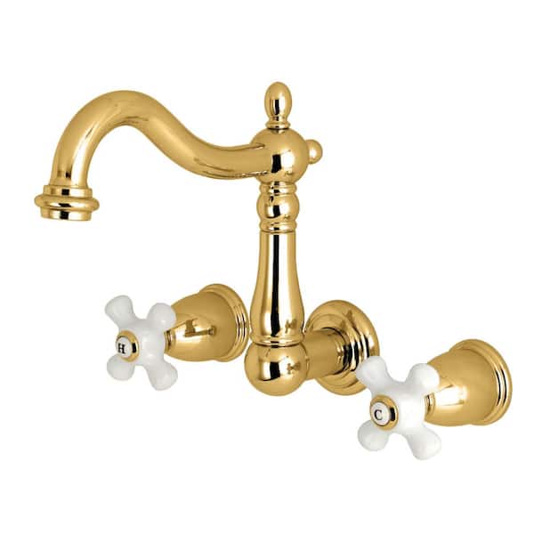 Kingston Brass Heritage 2-Handle Wall Mount Bathroom Faucet in Polished Brass
