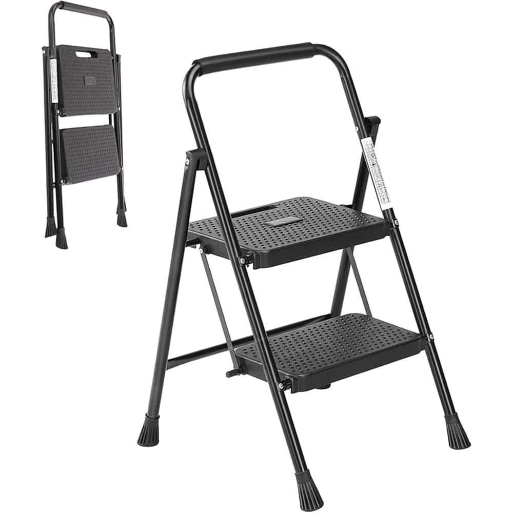 Lightweight Step Stool, 2-Step Steel Portable Folding Step Ladder with Wide