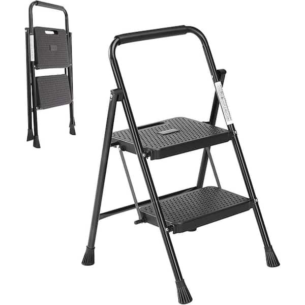 Unbranded Lightweight Step Stool, 2-Step Steel Portable Folding Step Ladder with Wide Anti-Slip Pedals, 800 lbs. Load