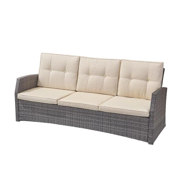 Sanger Gray Wicker Outdoor Sofa with Beige Cushions