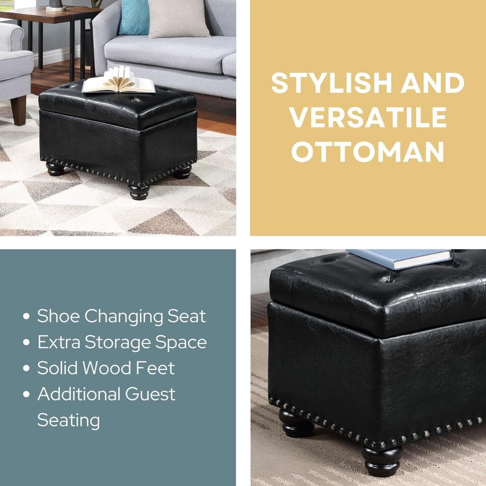 Black Tufted Storage Ottoman with Nailhead Trim