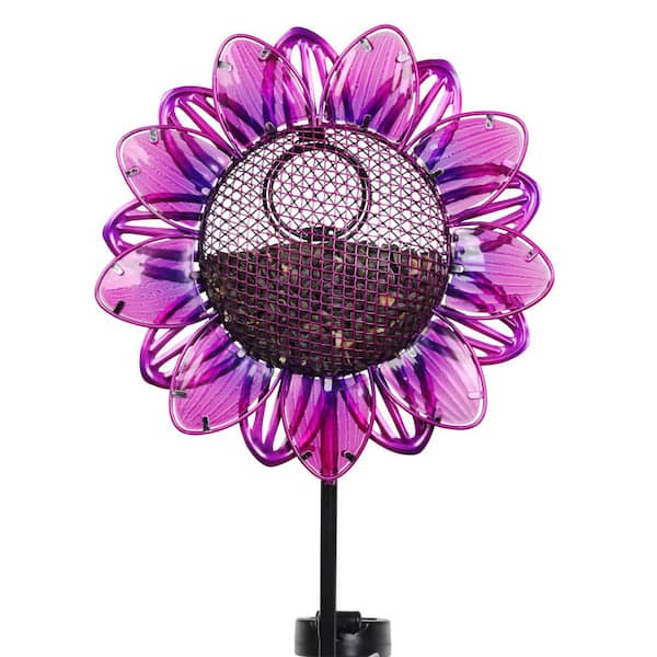 Exhart 3.02 ft. Purple Metal Solar Sunflower Bird Seed Feeder Garden Stake