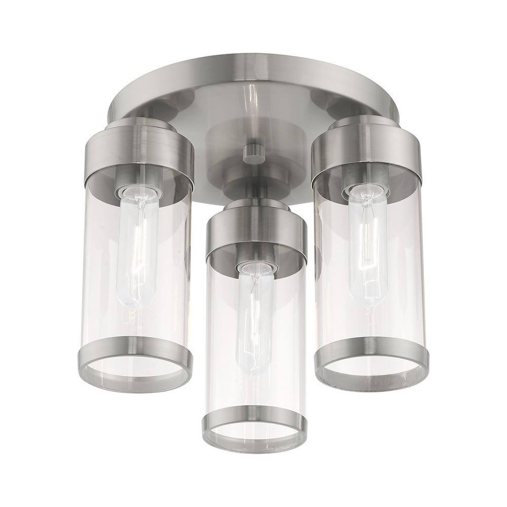 Brushed Nickel 3-Light Flush Mount with Clear Glass Shades