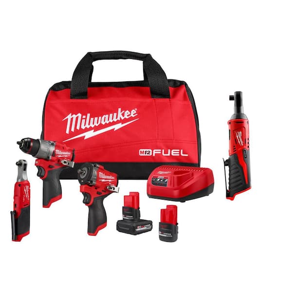 M12 FUEL 12V Lithium-Ion Cordless Drill Driver, Impact Wrench, and Ratchet Combo Kit w/Batteries, Charger, Bag, &Ratchet