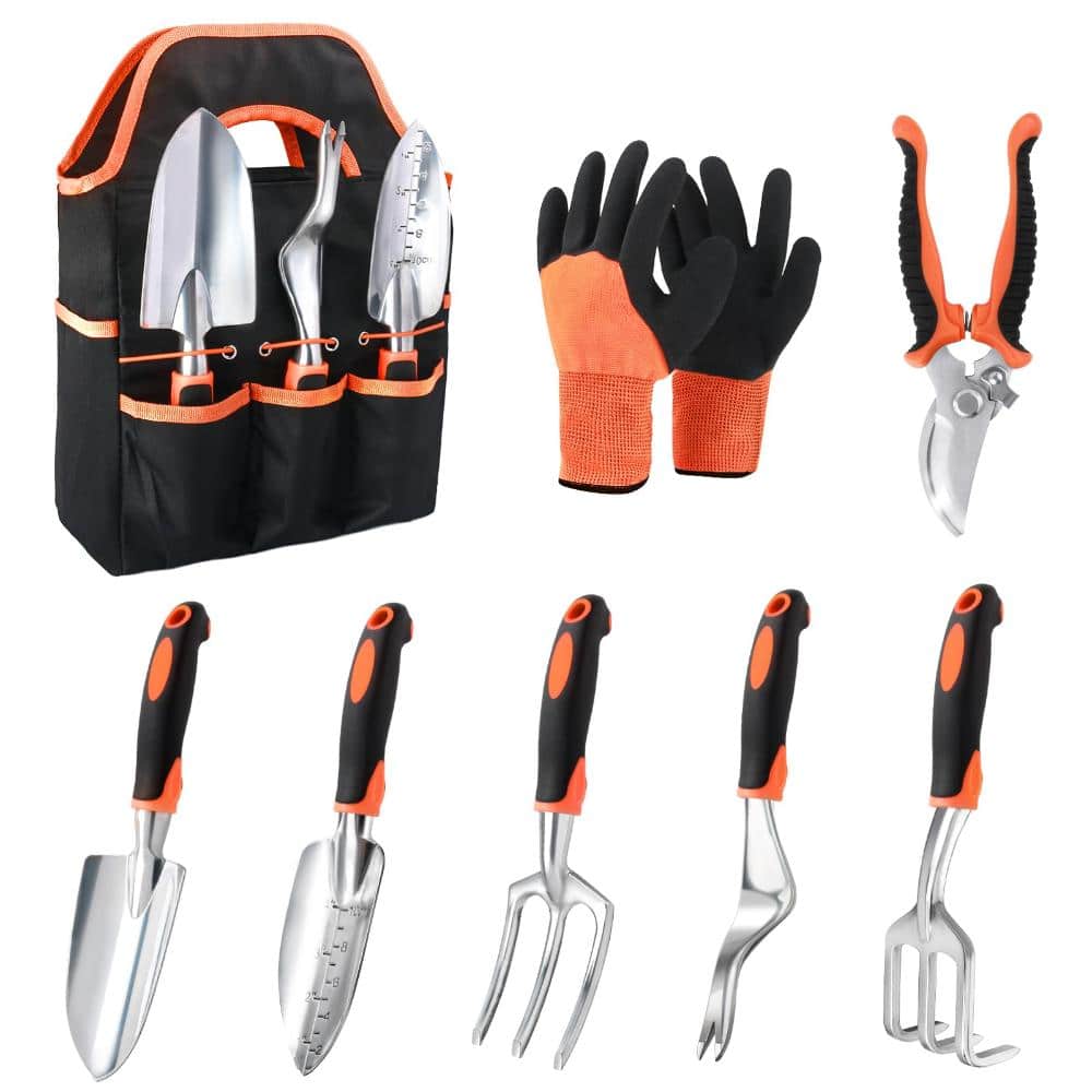8-Piece Orange Gardening Tool Set, non-slip ergonomic handles