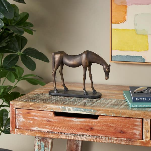 Litton Lane Bronze Poly Stone Horse Sculpture with Brushed Gold Accents and Black Oval Base