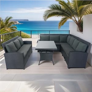 5-Piece Black Wicker Outdoor Patio Sectional Sofa Set with Dark Gray Cushions and 1 Coffee Table