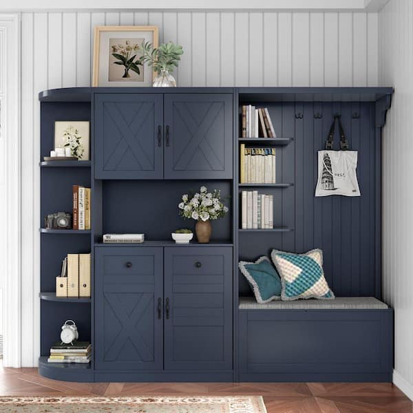 79.1 in. W x 66.1 in. H Detachable Left-Right Combination Hall Cabinet with Storage Bench and 4 hooks, Antique Blue