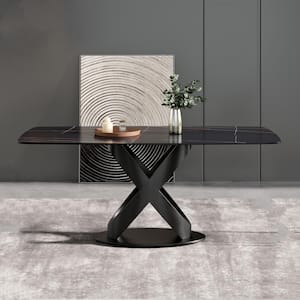 70.87 in. Round Edge Sintered Stone Dining Table with Black Rectangular Tabletop and Black Legs
