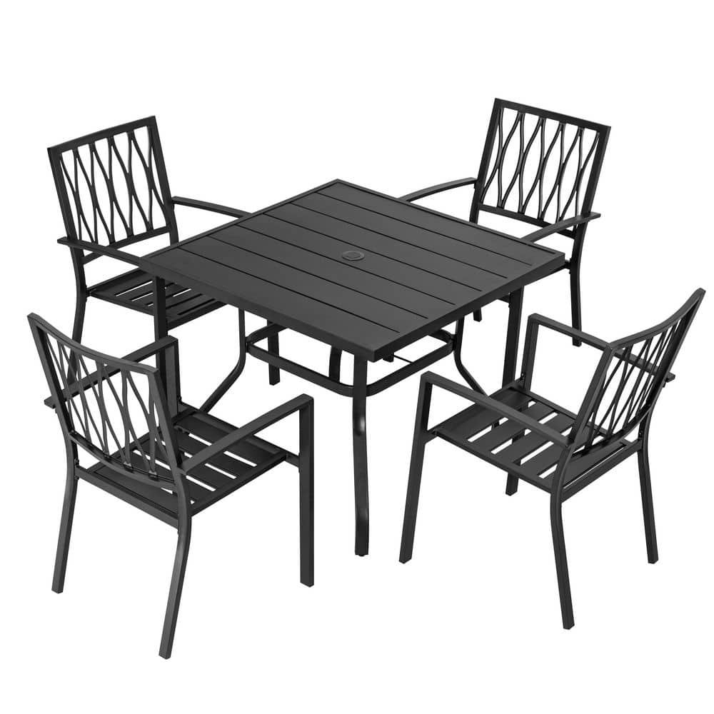 Modern Black Iron 5-Piece Outdoor Dining Set with Square Table