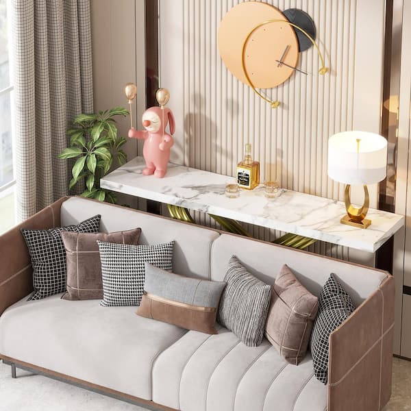 Benjamin 55 in. White and Gold Rectangular Marble Console Table Behind Sofa Couch for Home Office