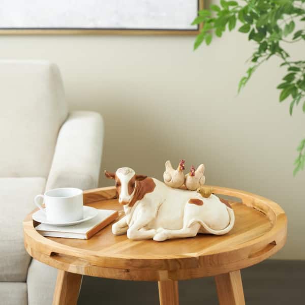 Cream Polystone Sleeping Cow Sculpture with Sitting Roosters and Chick