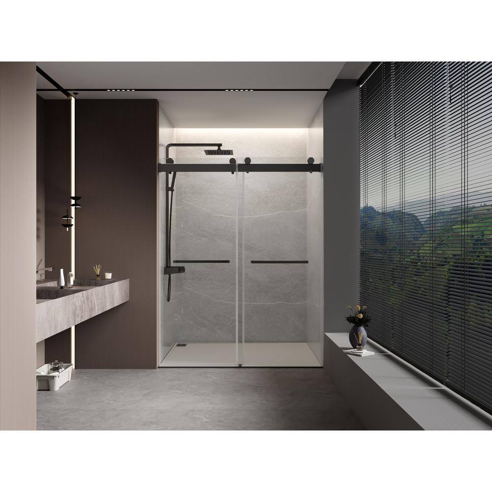Matte Black Frameless Sliding Shower Door with Clear Tempered Glass