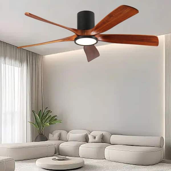 60 in. Brown Quiet DC Motor Flush Mount Standard Ceiling Fan with Remote Control/App, 5 Solid Wood Blades Dimmable LED