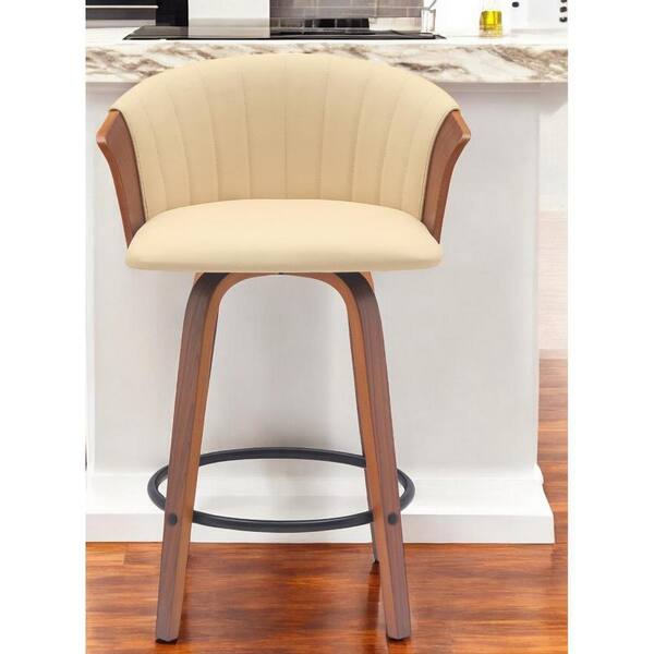 HomeRoots 26 in. Cream High Back Wood Counter Stool Faux Leather Seat