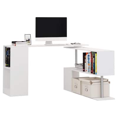 55 in. L-Shaped White Writing Computer Desk with Display Shelves
