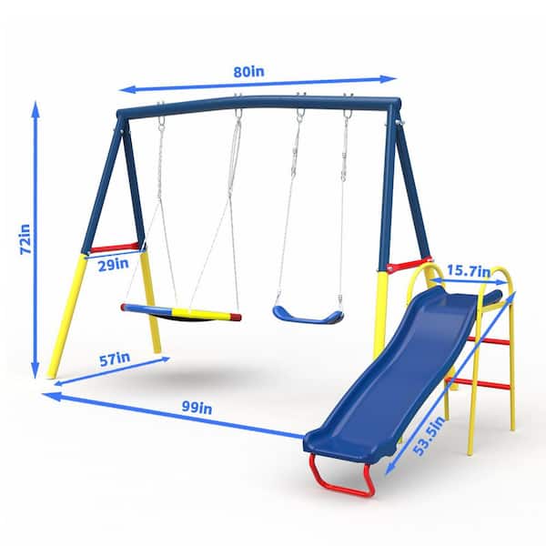 GOGEXX Outdoor Blue and Yellow Swing Set with Kids Slide and Swing