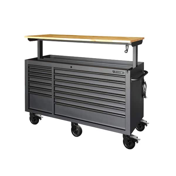 Husky - Tool Storage 62 in. W Heavy Duty Matte Black Mobile Workbench Cabinet with Adjustable Height Wood Top
