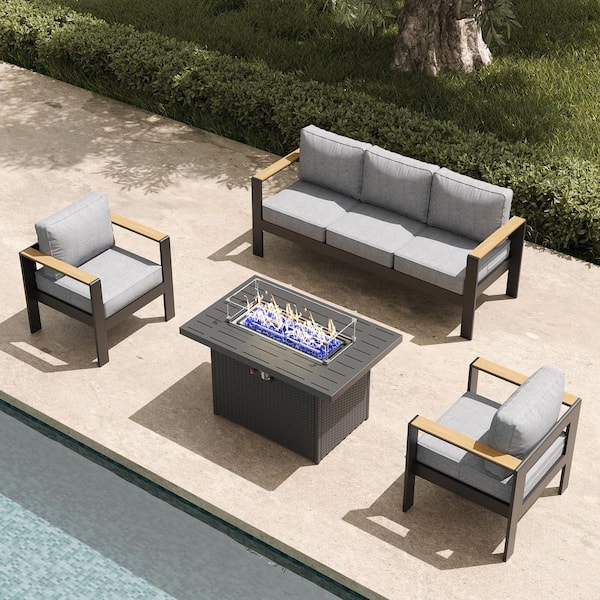 LayinSun 4-Piece Aluminum Outdoor Conversation Set with 55000 BTU Propane Firepit Table and Light Gray Cushion