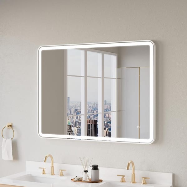 ANGELES HOME 48 in. x 36 in. Rectangular Aluminum Framed Wall Mount LED Light Bathroom Vanity Mirror in White Dimmable Front Light