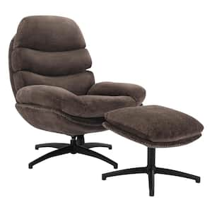 Kerry Swivel Lounge Chair and Footrest in Brown Fabric and Black Base