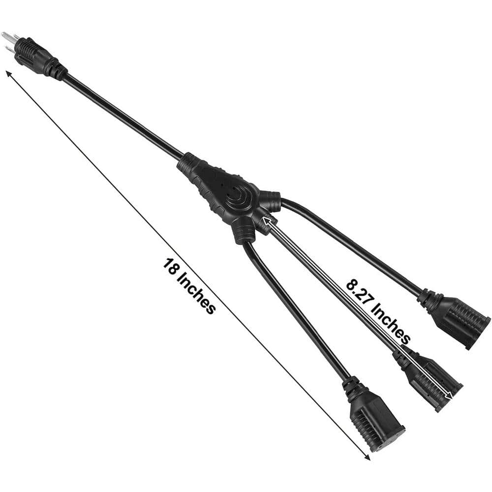 Black Heavy Duty 3 Prong Extension Cord Splitter, 1.5 ft, PVC