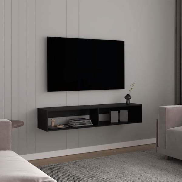 Unbranded Black 59.1 in. Wood Decorative Wall Floating Shelf, Wall Mounted TV Stand for 47-56 in. TV, with 2-Open Shelves