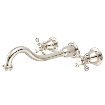 Wall Mount 2-Handle Elegant Spout Bathroom Faucet in Polished Nickel PVD