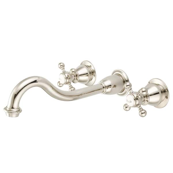 Water Creation Wall Mount 2-Handle Elegant Spout Bathroom Faucet in Polished Nickel PVD