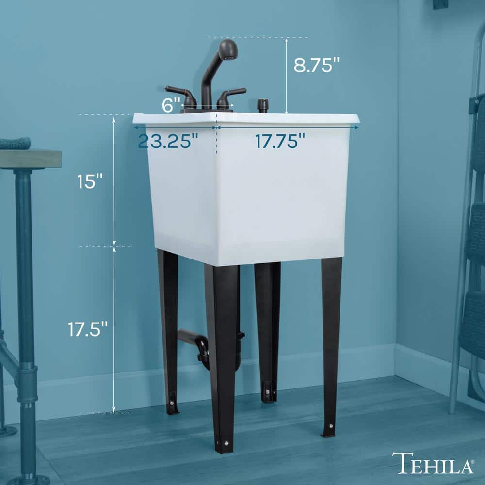 White and Black Freestanding Utility Sink with Faucet and Soap Dispenser