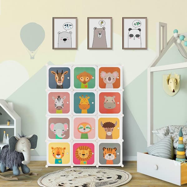 43 in. 12-Cube Kids Wardrobe Baby Dresser Bedroom Armoire Clothes Hanging Closet with Door in White