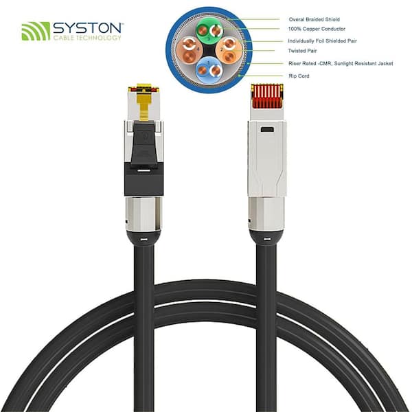 50 ft. Black CAT8 CMR 22 AWG Ethernet Patch Cable - 2000MHz 40GB Individual Electro-Magnetic Tinned Copper Braid Shield