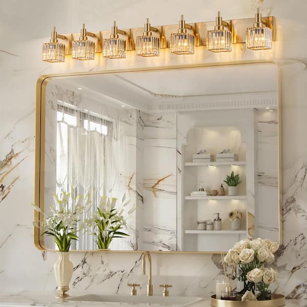 Orillia 51.18 in. 7-Light Modern Gold Bathroom Vanity Light with Crystal Shades