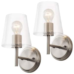 1-Light Brushed Nickel Wall Sconce with Clear Glass Shade(2-Pack)