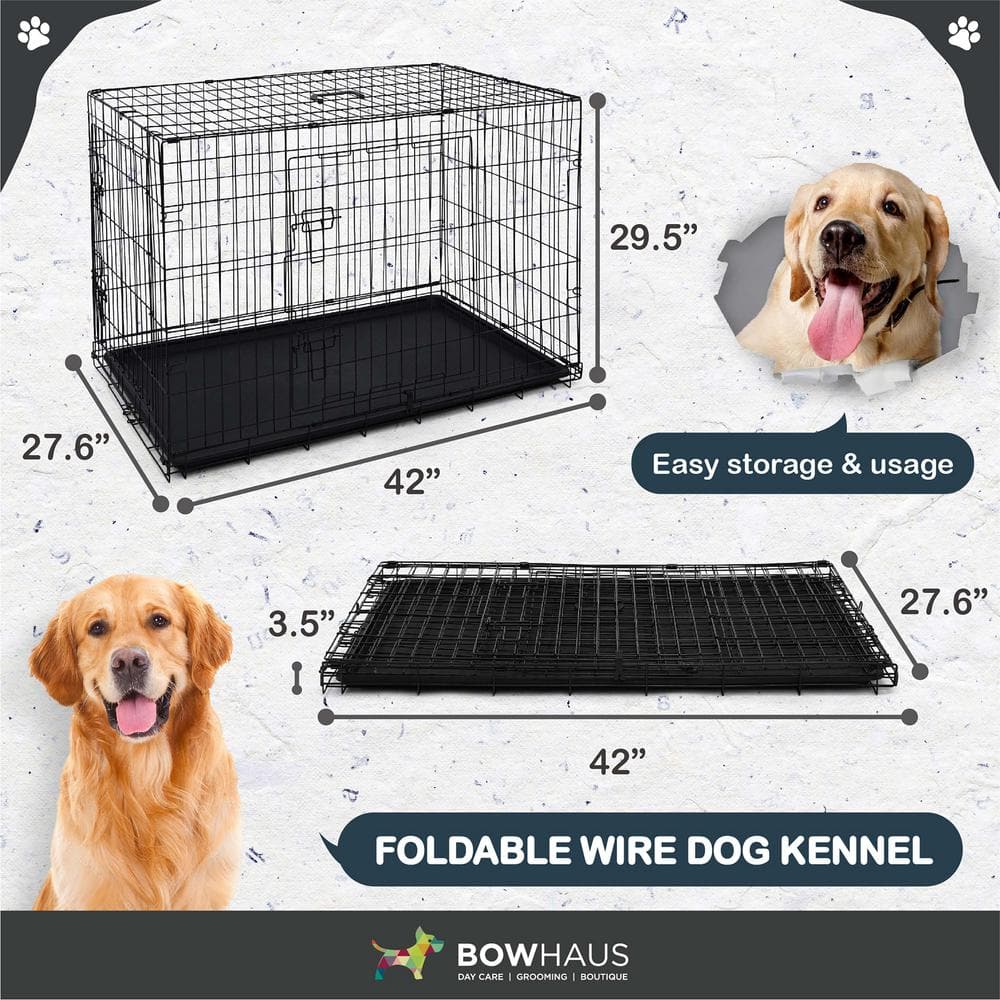 Black Foldable Metal Dog Crate with Double Doors, 42"