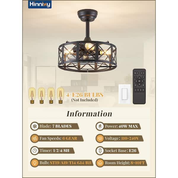 HINNIXY 16 in. Indoor/Outdoor Black X-Cage Small Ceiling Fan