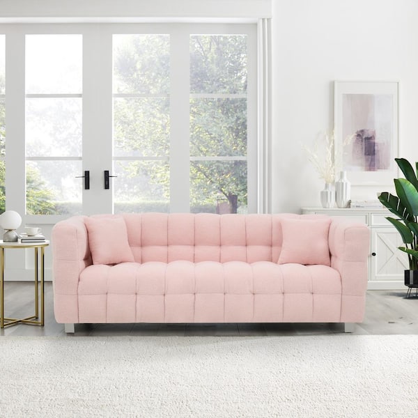 80 in. Wide Square Arm Teddy Fabric Modern Rectangle Upholstered Sofa in Pink