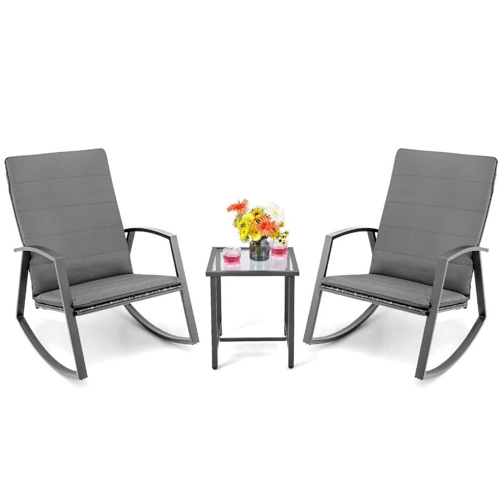 3-Piece Wicker Patio Rocking Chair Set with Gray High-Back Cushions and Glass Top Side Table price history on PriceWatchPro
