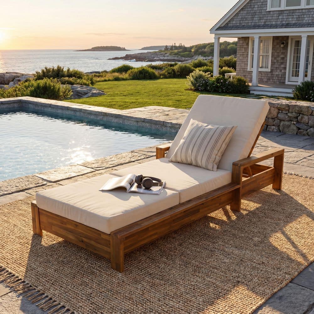Astero Teak Finish Acacia Wood Outdoor Patio Chaise Lounge with Armrests and Cream 3-Fold Cushion price history on PriceWatchPro