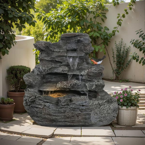 20.8 in. 4-Tiered Concrete Rock Cascade Fountain, Outdoor Garden