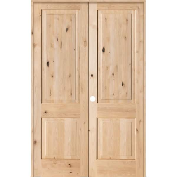 56 in. x 96 in. Rustic Knotty Alder 2-Panel Square Top Right Handed Solid Core Wood Double Prehung Interior French Door