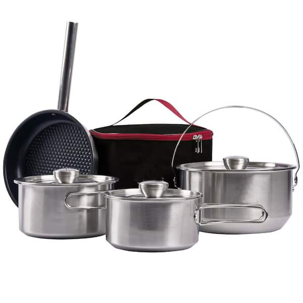 Camp Cooking Set Stainless Steel Nonstick Cookware Set in Silver for Campfire RV Outdoor Picnic with Bag