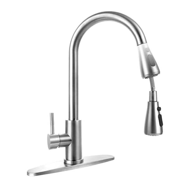 Brushed Nickel 14 in. H Pull Out Sprayer Kitchen Faucet with Advanced Spray Single Handle Stainless Steel Sink Faucet