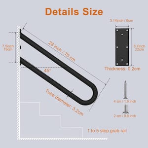 28 in. Stainless Steel Handrail, U Shaped Safety Grab Bar, Wall Mounted Hand Railing for 1-Steps to 5-Steps