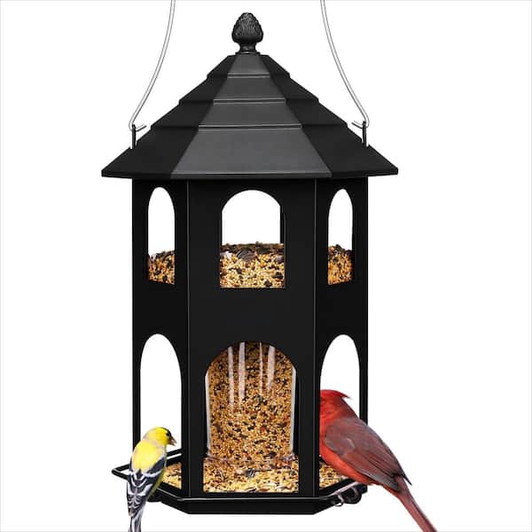 14 in. Metal Bird Feeder with Circular Perch for Outdoor Hanging, 4 lb. Large Seed Capacity, Black