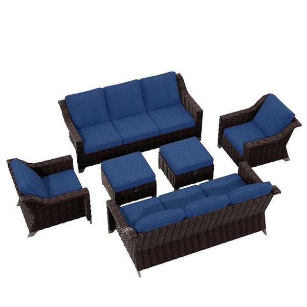 Brown Wicker 6-Piece Outdoor Patio Conversation Set with Blue Cushions and 2-Ottomans