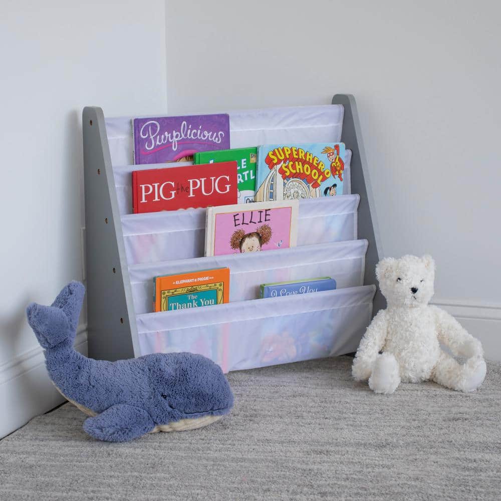 Gray and White Kids 4-Tier Fabric Book Rack