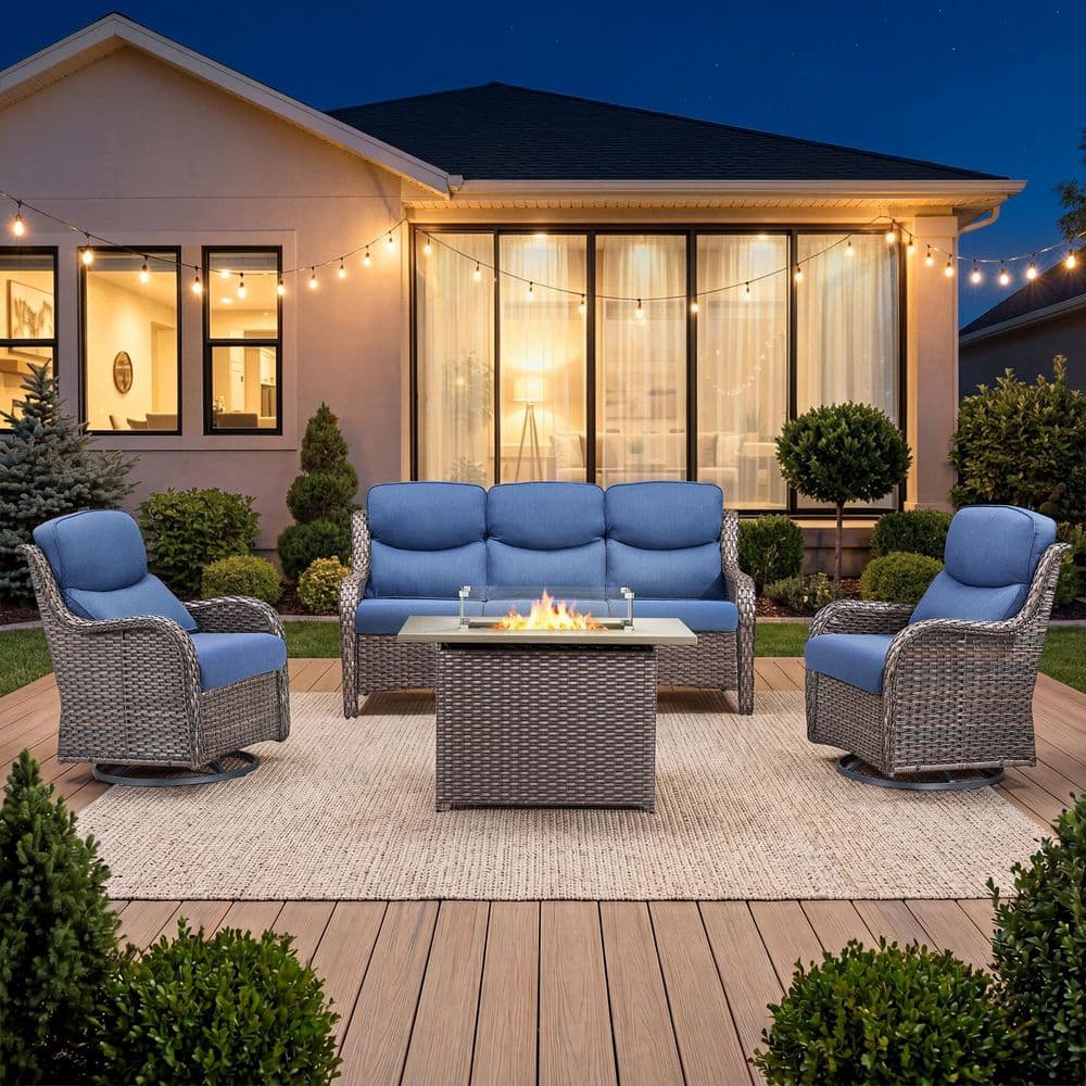 Sialion Brown 4-Piece Wicker Patio Fire Pit Conversation Sofa Set Outdoor Swivel Glider Chairs with 5 in. Bule Cushions price history on PriceWatchPro